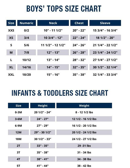 ht size charts boys tops infants toddlers